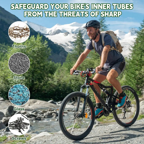 Cyclist on mountain trail highlighting Two Roll Bike Tire Liners Set for Road and Mountain Rides Puncture Proof TPU Inner Tube Protectors.