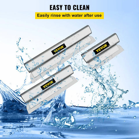 Pro Grade Drywall Skimming Blade Set With 10, 16, And 24 Inch Blades Plus 35 To 78 Inch Extension Handle, shown with water splash