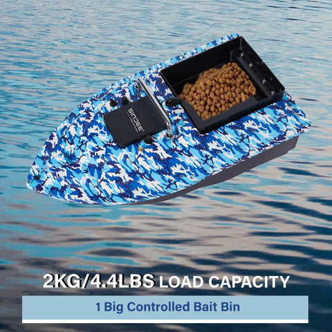RC Fishing Bait Boat With Precision Long-Range Delivery with bait bin, 4.4 lb capacity, on water