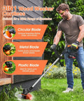 Man using Cordless 21V Weed Eater With Dual 4Ah Batteries And Charger, highlighting 3 blade types for garden trimming