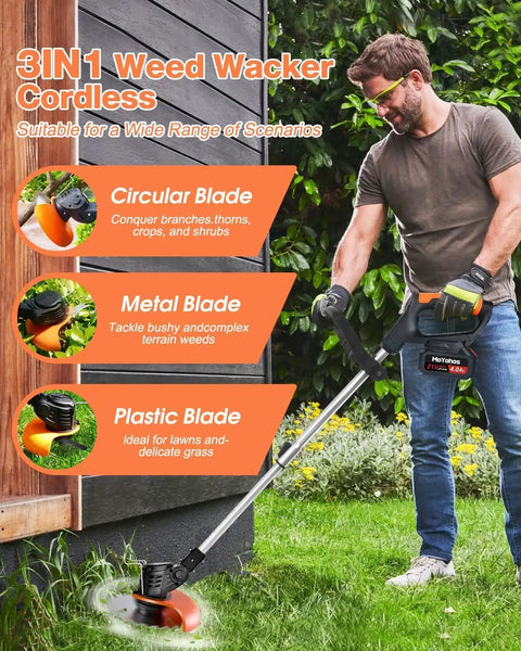Man using Cordless 21V Weed Eater With Dual 4Ah Batteries And Charger, highlighting 3 blade types for garden trimming