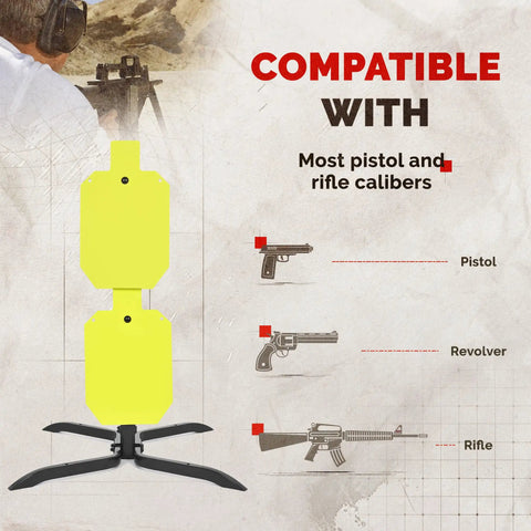 Heavy Duty Target Stand System NP550 Steel For 12x20 Silhouette Targets With 2x4 Base displayed with caliber compatibility diagram