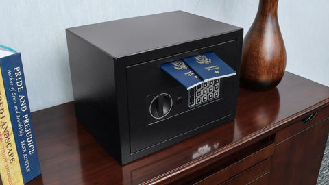 Digital Depository Safe For Cash And Mail Front Load Drop Box With Multi User PIN Lock Steel Construction on wooden cabinet
