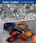6 Pack Zipper Tool Pouches Set For Small Hand Tools And Hardware, colored bags filled with pliers, screws, and nails