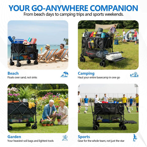 Beast Mode Heavy Duty Double Decker Utility Wagon with 400L upper deck shown in various outdoor settings: beach, camping, garden, sports.