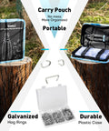 Pro Grade Hog Ring Pliers Kit with carry pouch and open storage case showing pliers and 600 galvanized rings in 3/8, 1/2, 3/4 inch