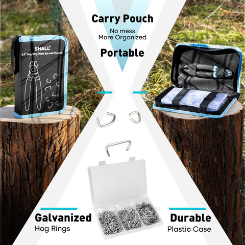 Pro Grade Hog Ring Pliers Kit with carry pouch and open storage case showing pliers and 600 galvanized rings in 3/8, 1/2, 3/4 inch