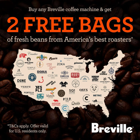 Promotional image for Breville coffee machine featuring map of U.S. roasters offering 2 free bags of fresh beans.