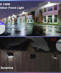120W LED Wall Pack Lights With 15600 Lumens Switch Control 5000K illuminating buildings in rain, demonstrating outdoor flood lighting