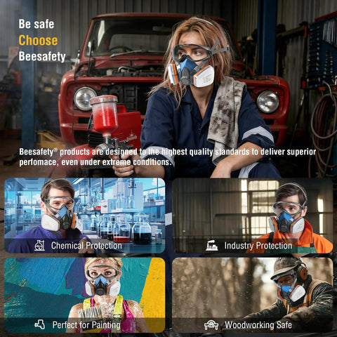Woman wearing Half Face Respirator Mask Kit With Safety Goggles, Reusable RD518 for painting, dust, gas, and chemical protection