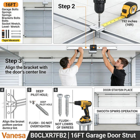 16 Foot Garage Door Reinforcement Kit Built Tough With Heavy Duty Steel Bracket System To Stop Sagging And Warping Beef Up Tracks And Panels Double Door Repair Kit For Track Rails Hurricane And Storm Ready Easy Install visible with installation steps and tools.