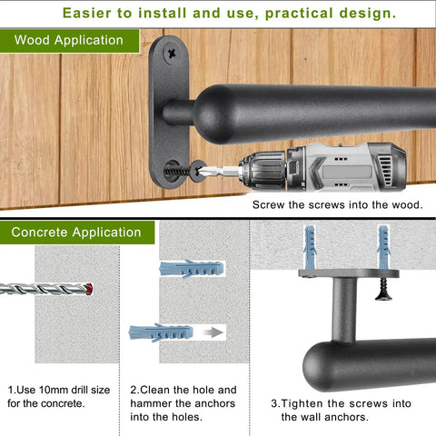 Installation guide for Hardcore 16 Inch Wall Mount Metal Handrail For Stairs with wood and concrete applications.