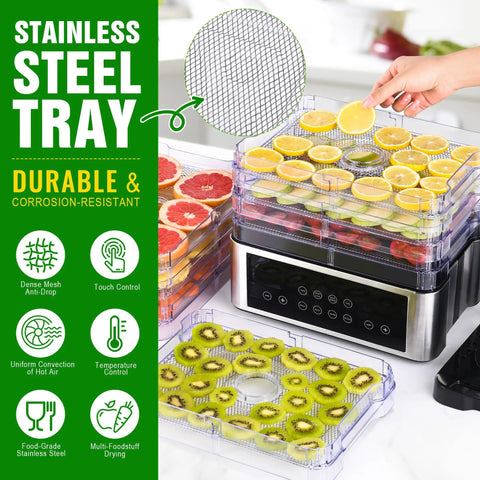 No Stress Food Dehydrator With Eight Stainless Steel Trays showcasing fresh fruit on stainless steel trays and digital controls.