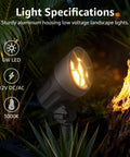 All In One Low Voltage Landscape Lighting Kit spotlight head illuminated in garden setting, showing specs in text.