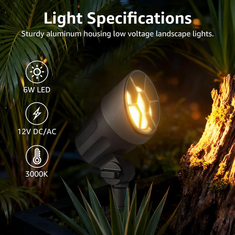 All In One Low Voltage Landscape Lighting Kit spotlight head illuminated in garden setting, showing specs in text.