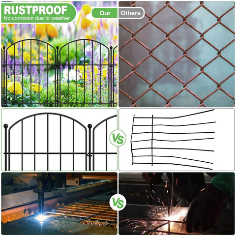 Comparison of rustproof 10 pack garden fence set with arched metal barrier against standard wire design, showing durability and weld quality.