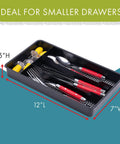 Swanky Four Compartment Utensil And Cutlery Drawer Organizer Tray In Matte Black For Kitchens Or Junk Drawers With Drainage Mesh Bottom Keeps Mess Out Made In Usa with red utensils, 12"L x 7"W.