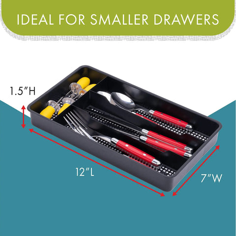 Swanky Four Compartment Utensil And Cutlery Drawer Organizer Tray In Matte Black For Kitchens Or Junk Drawers With Drainage Mesh Bottom Keeps Mess Out Made In Usa with red utensils, 12"L x 7"W.