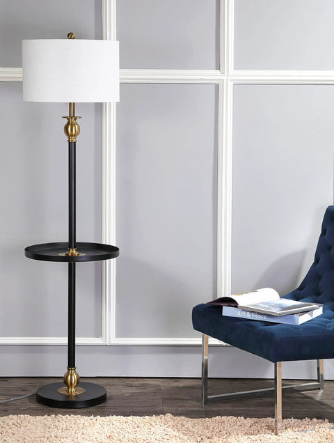 61 Inch Black And Brass Gold Metal LED End Table Floor Lamp with White Linen Drum Shade in living room setting