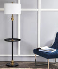 61 Inch Black And Brass Gold Metal LED End Table Floor Lamp, sleek iron standing light with white linen shade in living room