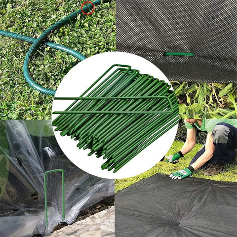 U Shaped Galvanized Steel Ground Pins Garden Stakes And Staples For Landscape Netting And Ground Sheets Heavy Duty Pegs 6 Inch 40 Pack Green Yard Workhorse shown in use.