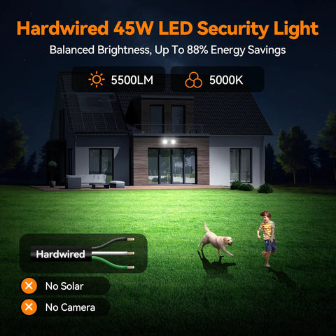 Built Tough Dual Head Led Flood Light Featuring Automatic Dusk To Dawn Sensor, Screaming Bright 45 Watt 5500 Lumens 5000K Daylight, Ip65 Hardwired Security Spotlight For Driveways, Black
