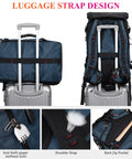 Carry On Travel Backpack For Men And Women Airline Approved Convertible Nylon Duffle Style Luggage Bag With Multiple Pockets Eco Friendly Recycled Nylon Durable For Weekend Getaways And Business Trips Blue showing luggage strap design, anti-theft zipper, shoulder strap, and back zip pocket details.