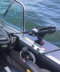 Power Lock 45 Degree Track Rod Holder For Lund Sport Track G3 Crestliner SureMount War Eagle Excel Boats - Marine Grade Aluminum, CNC Processed Nylon Lock, Durable, Easy Install, Fits Most Bow Gunnel Track Systems mounted on boat rail with fishing rod