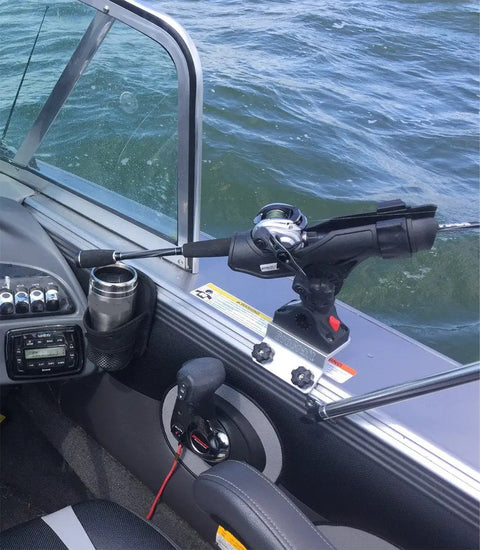 Power Lock 45 Degree Track Rod Holder For Lund Sport Track G3 Crestliner SureMount War Eagle Excel Boats - Marine Grade Aluminum, CNC Processed Nylon Lock, Durable, Easy Install, Fits Most Bow Gunnel Track Systems mounted on boat rail with fishing rod