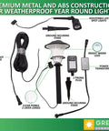 Low Voltage LED Landscape Lighting Kit 8 Pack With 6 Stake Lights And 2 Flood Spotlights Plus Transformer For Outdoor Pathways Garden Yard And Deck Lighting In Black Finish That Looks Lit, showing components like wire, stakes, and transformer.