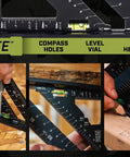 Image showing Solid As Nails Seven And A Half Inch Rafter Square with level vial and compass holes for precise measurements.