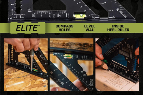 Image showing Solid As Nails Seven And A Half Inch Rafter Square with level vial and compass holes for precise measurements.