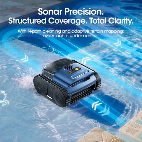 Cordless Robotic Pool Vacuum With Track Drive And Sonar Navigation 180W Brushless Motor in a pool demonstrating movement