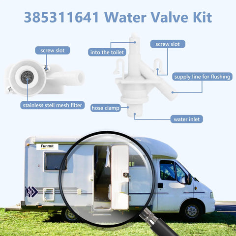 RV Toilet Valve Replacement Kit For Dometic 300 310 320 Flush Toilets With Water Valve Hose Clamp Screws And Stainless Mesh Filters Easy Cost Effective Repair For Campers And Trailers. 385311641 water valve kit, RV, stainless mesh filter, camper use