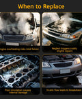 Images showing engine issues: overheating car, damaged engine parts, and warning signs of coolant problems for Toyota models.
