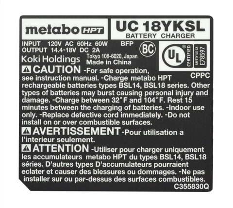 Back label of 18V Lithium Ion Battery Charger For Slide Type Batteries Fast Charge For Hammer Drill DS18DBFL2 DS18DBFL And Other 18V Tools Keeps Your Cordless Kit Ready To Roll With Safe Auto Shutoff And Status Indicator Light showing specifications and warnings