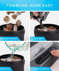 Steps to use Rough Agate Rock Tumbler Refill Kit 1 Lb Mix with Four Grit Stages, pouring rocks, grit, and water into tumbler.