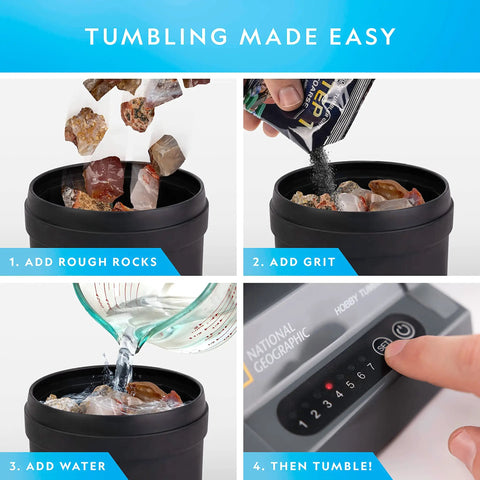 Steps to use Rough Agate Rock Tumbler Refill Kit 1 Lb Mix with Four Grit Stages, pouring rocks, grit, and water into tumbler.
