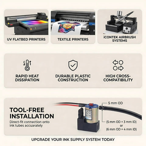 Compact DC 24V 3W Ink Pump for Printers and Inkjets, compatible with iContek airbrush systems, tool-free installation detail