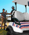 Patriotic USA Flag Golf Cart Seat Covers 51x31 Universal Fit For EZGO Club Car Yamaha on white golf cart on grassy area