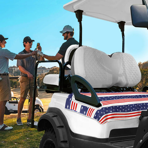 Patriotic USA Flag Golf Cart Seat Covers 51x31 Universal Fit For EZGO Club Car Yamaha on white golf cart on grassy area