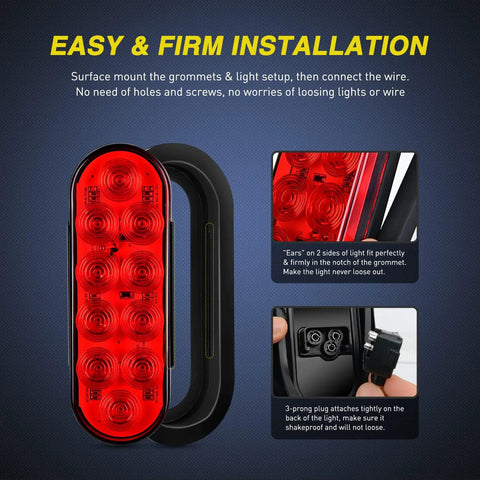 Close-up of 6 Inch Oval Red Beefy Bright LED Trailer Tail Lights 4 Pack with Flush Mount Grommets, IP67 Waterproof.