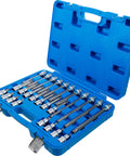 Grease Monkey Approved 26 Piece Half Inch Drive Spline Socket Kit With Long Knurled Shanks and Tough Satin Chrome Plating in blue case.