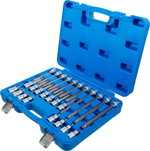 Grease Monkey Approved 26 Piece Half Inch Drive Spline Socket Kit With Long Knurled Shanks and Tough Satin Chrome Plating in blue case.