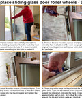 Step-by-step guide for replacing sliding glass door roller wheels with tools at each stage of installation.
