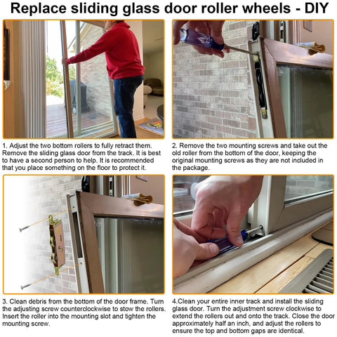 Step-by-step guide for replacing sliding glass door roller wheels with tools at each stage of installation.