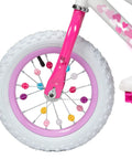 Colorful Spoke Beads For Kids Bikes 30 Pcs Spokies Snap On Beads on pink and white bike wheel, universal fit, easy attachment