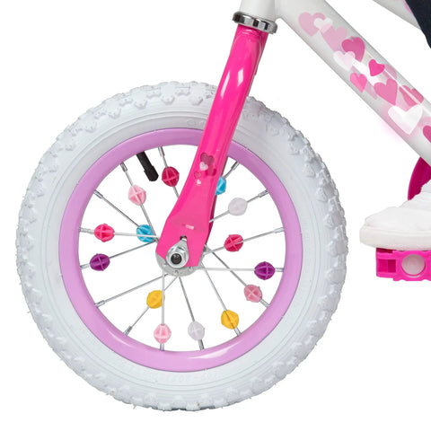 Colorful Spoke Beads For Kids Bikes 30 Pcs Spokies Snap On Beads on pink and white bike wheel, universal fit, easy attachment