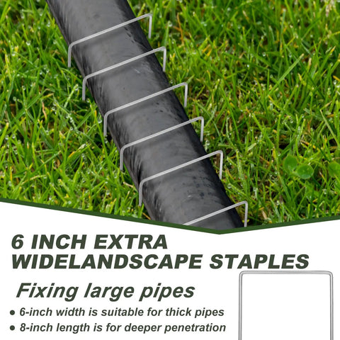Built Tough 50 Pack Heavy Duty Landscape Staples Wide U Type Grass Stakes Galvanized Steel 7 Gauge Turf Anchors used on pipe