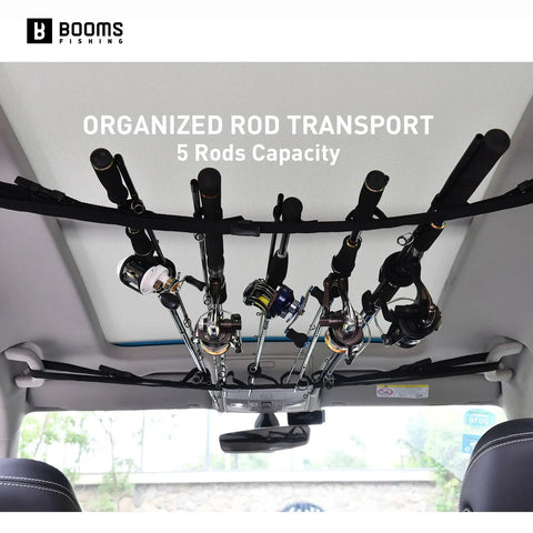 Car Roof Fishing Rod Carrier Rack Holds Up To Five Poles, Adjustable 31.5 To 59 Inches, No Drill Mount On Four Grab Handles, Easy Install